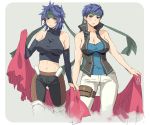  2girls bandana blue_eyes blue_hair blush breasts cleavage female fire_emblem fire_emblem:_kakusei fire_emblem:_souen_no_kiseki genderswap headband ike large_breasts multiple_girls paris_(fire_emblem) short_hair yajiro_masaru 