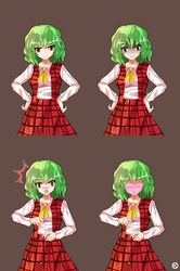  /\/\/\ 1girl alphes_(style) ascot blush dress_shirt embarrassed empty_eyes green_hair hands_on_hips kaoru_(gensou_yuugen-an) kazami_yuuka parody red_eyes shirt short_hair skirt smile solo style_parody touhou vest yandere 