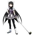  1girl akemi_homura alternate_costume black_hair black_legwear bow character_name cosplay crossover english golf_club kakkii long_hair mahou_shoujo_madoka_magica parody precure simple_background skirt smile_precure! tiara very_long_hair violet_eyes white_background 