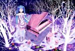  1girl blue_hair boots closed_eyes dress elbow_gloves gloves hand_on_own_chest hatsune_miku instrument knee_boots kneehighs long_hair open_mouth piano siji_(szh5522) solo tree twintails vocaloid 