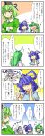  /\/\/\ 4girls 4koma ? alternate_costume anger_vein berutasu blue_eyes blue_hair blush breasts closed_eyes comic crossed_arms frog green_eyes green_hair hair_ornament hair_rings hair_stick hair_tubes happy hat heart highres kaku_seiga kochiya_sanae long_hair long_image mononobe_no_futo multiple_girls open_mouth silver_hair smile snake soga_no_tojiko star tall_image tate_eboshi touhou translation_request v 