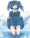  1girl backpack bag blue_eyes blue_hair blush hair_bobbles hair_ornament hat kawashiro_nitori key looking_at_viewer open_mouth school_swimsuit short_hair skirt skirt_lift smile solo swimsuit tatwuku touhou twintails wading water wet wink 