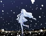 abe_kanari cityscape cloak long_hair night night_sky original sky snow snowing thigh-highs tiptoes very_long_hair white_hair zettai_ryouiki 