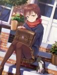  1girl bag black_legwear blush brown_eyes brown_hair cat coat loafers mole original pantyhose plaid plaid_skirt plant pleated_skirt potted_plant scarf school_bag shadow shoes sitting skirt smile solo stairs takeuchi_aya tree 