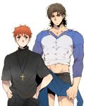  2boys boxers brown_eyes brown_hair cross cross_necklace emiya_shirou fate/stay_night fate_(series) jewelry kotomine_kirei midriff multiple_boys necklace orange_hair oversized_clothes pinki_(shounenkakuseiya) raglan_sleeves redhead torn_clothes undersized_clothes underwear yellow_eyes 