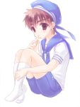  1boy @co brown_eyes brown_hair child cross cross_earrings cross_necklace earrings fate/zero fate_(series) hat hat_ribbon jewelry kotomine_kirei necklace ribbon sailor_collar shorts sitting solo tagme wariza young 