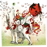  amaterasu animal fire issun kinakomoti no_humans ookami_(game) petals wolf 