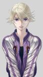  1boy blonde_hair ivan_karelin jacket letterman_jacket purple_jacket solo ten-a tiger_&amp;_bunny violet_eyes 