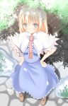  1girl alice_margatroid blonde_hair blue_dress blue_eyes blush boots breasts capelet cross-laced_footwear dress from_above hands_on_hips headband highres leaf looking_at_viewer looking_up path ribbon sash shade sharin_(shanaemon) short_hair smile solo touhou water wooden_floor 