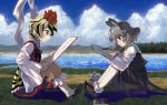  2girls animal_ears blonde_hair blue_sky clouds drawing drawing_equipment forest grey_hair hair_ornament highres long_sleeves mountain mouse mouse_ears mouse_tail multicolored_hair multiple_girls nature nazrin red_eyes river shawl shirt shope short_hair sitting skirt sky tail tiger_print toramaru_shou touhou two-tone_hair vest wide_sleeves yellow_eyes 