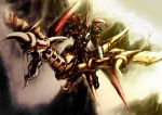  armor dual_wielding duel_monster emudoru fangs flying gaia_the_dragon_champion horn lance mountain polearm weapon yuu-gi-ou 