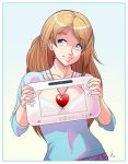  1girl blue_eyes brown_hair eyelashes heart heart_necklace jewelry lips long_hair louistrations necklace nintendo original solo tablet wii_u x-ray_vision 