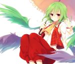  1girl ascot green_hair holding kazami_yuuka kazami_yuuka_(pc-98) looking_at_viewer pants plaid plaid_vest red_eyes seihou short_hair smile solo toosaka_asagi touhou touhou_(pc-98) umbrella wings 