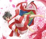  1girl attack bare_legs barefoot earrings falling fan inuyasha japanese_clothes jewelry kagura_(inuyasha) kimono petals pointy_ears red_eyes robe saiha tied_hair 