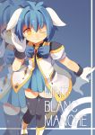  1girl animal_ears black_legwear blue_hair bow brooch dress fuukadia_(narcolepsy) galaxy_angel gloves jewelry layered_dress mint_blancmanche puffy_sleeves raised_hand short_sleeves skirt smile solo thigh-highs white_dress white_gloves wink yellow_eyes zettai_ryouiki 