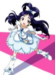  1girl blue_hair boots bow cure_white dress earrings futari_wa_precure futari_wa_precure_max_heart gloves half_updo heart jewelry leg_warmers long_hair magical_girl open_mouth precure ribbon shadow solo violet_eyes white_dress yukishiro_honoka yumekaranigeruna 