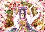  1girl bell branch cherry_blossoms flower hair_ornament japanese_clothes kimono original purple_hair red_eyes smile snake traditional_clothes violet_eyes wataame27 