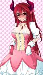  1girl blush breasts choker cleavage collarbone cosplay dos_(artist) embarrassed gloves horns jewelry kaname_madoka kaname_madoka_(cosplay) large_breasts long_hair magical_girl mahou_shoujo_madoka_magica maou_(maoyuu) maoyuu_maou_yuusha pendant polka_dot polka_dot_background red_eyes redhead smile solo sweat white_gloves 