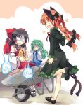  3girls :d animal_ears black_hair bow braid cat_ears cat_tail censored detached_sleeves extra_ears fang green_hair hair_bow hakurei_reimu kaenbyou_rin kochiya_sanae long_hair mosaic_censoring multiple_girls multiple_tails musical_note open_mouth redhead satoukibi skull smile tail touhou twin_braids wheelbarrow 