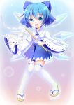  1girl absurdres alternate_costume blue_eyes blue_hair bow choko_(mixberry_parfait) cirno gohei hair_bow highres open_mouth over-kneehighs sandals smile solo touhou white_legwear wide_sleeves wings 