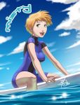  1girl alternate_hairstyle blue_sky breasts character_name daniel_macgregor ear_studs earrings green_eyes jewelry kasumi_(pokemon) large_breasts lips orange_hair pokemon revision short_hair signature sky smile solo surfboard wetsuit 
