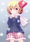  1girl absurdres alternate_costume biting_clothes blonde_hair blue_background blush choko_(mixberry_parfait) coat fang fur_trim hair_ribbon highres looking_at_viewer plaid plaid_skirt red_eyes ribbon rumia scarf short_hair simple_background skirt snow solo touhou 