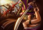  1girl armband armor belt blood breasts brown_hair caitlyn_(league_of_legends) cho&#039;gath cleavage gloves hat imura_liu large_breasts league_of_legends lips long_hair monster signature spikes sword tail violet_eyes weapon 