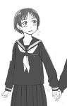  1girl blush embarrassed flying_sweatdrops holding_hands looking_at_another monochrome naotan original school_uniform serafuku short_hair 