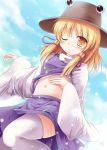  1girl blue_sky blush clouds frog_print hair_ribbon hat long_sleeves looking_at_viewer lzh midriff moriya_suwako navel ribbon shirt shirt_lift skirt sky smile snowing solo thigh-highs touhou vest white_legwear wide_sleeves wink yellow_eyes zettai_ryouiki 