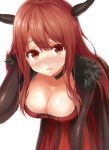  1girl blush breasts brown_eyes brown_hair choker cleavage demon_horns dress fur_trim heirou horns large_breasts long_hair looking_at_viewer maou_(maoyuu) maoyuu_maou_yuusha open_mouth shiny shiny_skin simple_background solo 