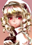  1girl absurdres blonde_hair bust close-up drill_hair gagrim hat highres luna_child portrait red_eyes short_hair simple_background smile solo touhou 