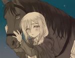  1girl animal blush cape christa_renz horse monochrome ponytail shingeki_no_kyojin short_hair tanpi 