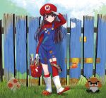  1girl black_hair blue_eyes boots clouds female fence gloves goomba grass hat long_hair mario mario_(cosplay) masao mushroom outdoors overalls paint paintbrush shading_eyes smile solo standing super_mario_bros. super_mushroom wooden_fence 