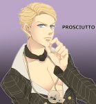  1boy blonde_hair blue_eyes formal hand_to_chin jewelry jojo_no_kimyou_na_bouken meltmelo necklace prosciutto solo suit 