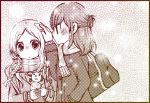  2girls blush braid hand_on_another&#039;s_head long_hair monochrome multiple_girls scarf snowman yamamoto_mamo 