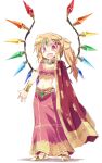  1girl :d alternate_costume blonde_hair blush bracelet bracer earrings fangs flandre_scarlet jewelry long_hair looking_at_viewer navel open_mouth red_eyes sandals satoukibi side_ponytail simple_background slit_pupils smile solo touhou white_background wings 