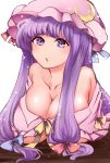  1girl :o bare_shoulders breasts bust cleavage crescent hat highres large_breasts long_hair off_shoulder patchouli_knowledge purple_hair shibata solo touhou violet_eyes 