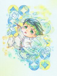  1boy black_hair bubble chibi chibi_inset colored_pencil_(medium) headband heaven&#039;s_door higashikata_jousuke jojo_no_kimyou_na_bouken joseph_joestar kishibe_rohan mimikuso nijimura_okuyasu pen shizuka_joestar stand_(jojo) traditional_media watercolor_(medium) 