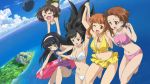  5girls akiyama_yukari baseball_cap bikini bikini_skirt black_eyes black_hair blue_swimsuit blush brown_eyes brown_hair closed_eyes clouds falling frilled_bikini frills front-tie_top girls_und_panzer green_bikini hairband hands_clasped hat holding_hands innertube island isuzu_hana long_hair multiple_girls nishizumi_miho ocean one-piece_swimsuit open_mouth pink_bikini print_swimsuit reizei_mako screencap short_hair side-tie_bikini sky smile swimsuit takebe_saori white_bikini yellow_bikini 