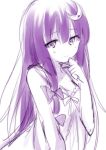  1girl long_hair looking_at_viewer monochrome patchouli_knowledge purple simple_background solo toosaka_asagi touhou very_long_hair white_background 