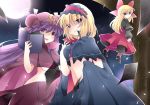  2girls alice_margatroid alternate_costume blonde_hair blue_eyes blush book bow breasts cape crescent full_moon hair_bow hairband hammer_(sunset_beach) hat large_breasts long_hair looking_at_viewer moon multiple_girls naked_cape papers patchouli_knowledge purple_hair shanghai_doll short_hair smile touhou underboob violet_eyes 