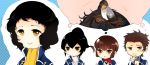  1girl 3boys black_hair brown_eyes brown_hair coat isabeau_(smt) jonathan_(smt) karamugi long_hair multiple_boys ponytail protagonist_(smt4) shin_megami_tensei shin_megami_tensei_iv short_hair walter_(smt) 