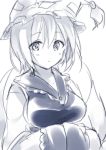  1girl fox_tail hands_in_sleeves monochrome multiple_tails short_hair simple_background solo tail toosaka_asagi touhou white_background yakumo_ran 