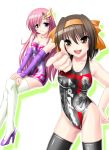  2girls blue_eyes brand_name_imitation brown_eyes brown_hair budweiser crossover detached_sleeves dress gundam gundam_seed hair_ornament hairband hairclip lacus_clyne leotard long_hair multiple_girls pink_hair racequeen short_hair suzumiya_haruhi suzumiya_haruhi_no_yuuutsu thigh-highs zutsuumochi 