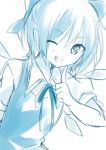  1girl cirno flat_chest grin looking_at_viewer monochrome short_hair simple_background smile solo toosaka_asagi touhou white_background wink 