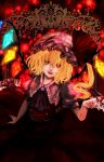  1girl ascot blonde_hair brooch crystal fangs flandre_scarlet gem glowing hair_between_eyes hat hat_ribbon highres jewelry nail_polish open_mouth red_eyes ribbon sgz short_hair smile solo touhou wings 