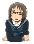  1girl brown_eyes brown_hair glasses looking_at_viewer naotan open_mouth original school_uniform serafuku short_hair 