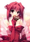  1girl absurdres breasts chocolate cleavage dress english heart highres r_g_b red_eyes redhead suzuhira_hiro 