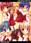  6+girls :o blonde_hair blue_eyes blush character_request glasses hair_ornament hidamari_sketch interlocked_fingers mechanical_pencil multiple_girls open_mouth paw_pose pencil pink_eyes redhead short_hair short_twintails skirt smile tagme title_drop twintails urara_(sumairuclover) 