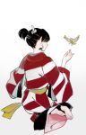  1girl animal back barefoot bird earrings feathers feet inuyasha japanese_clothes jewelry kagura_(inuyasha) kimono pointy_ears robe sitting soles tied_hair 
